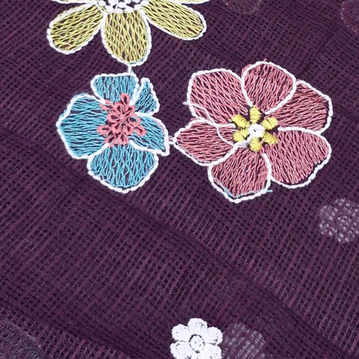 Kota Checks Embroidery Unstitched  Fabric |  Beautiful Flower Design | Perfect for Kurti, Gown, & Ethnic Wear (Wine)