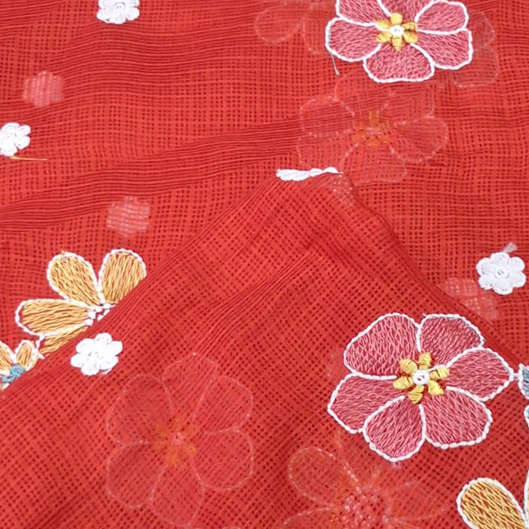 Kota Checks Embroidery Unstitched  Fabric |  Beautiful Flower Design | Perfect for Kurti, Gown, & Ethnic Wear (Dark Red)