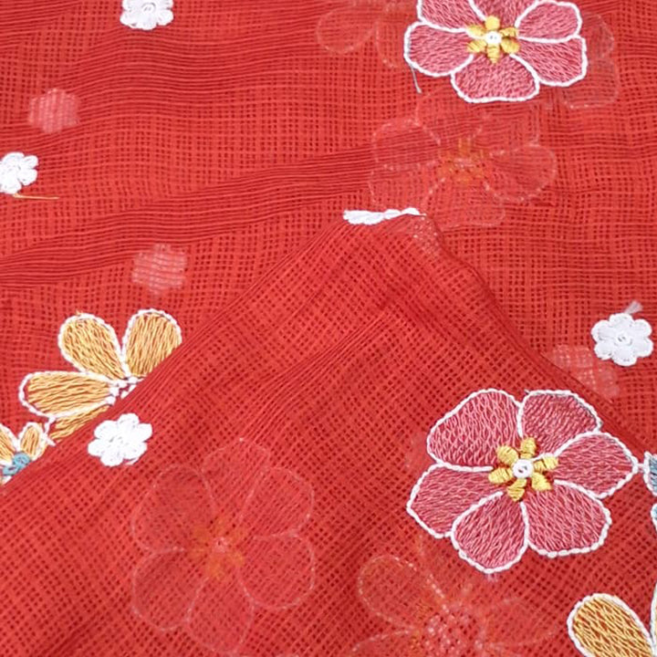 Kota Checks Embroidery Unstitched  Fabric |  Beautiful Flower Design | Perfect for Kurti, Gown, & Ethnic Wear (Dark Red)