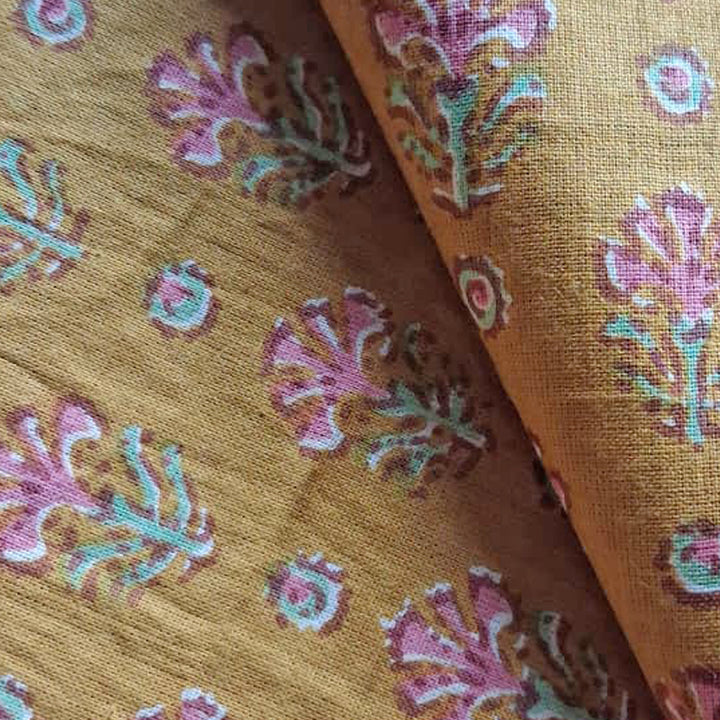 Mustard yellow with small floral Printed Cotton Fabric