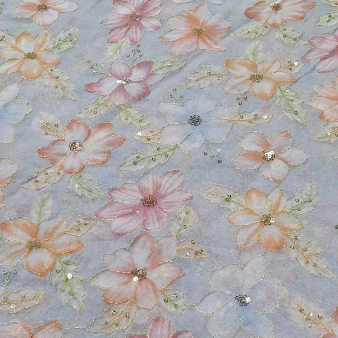 Pearl Grey Organza Embroidered Fabric