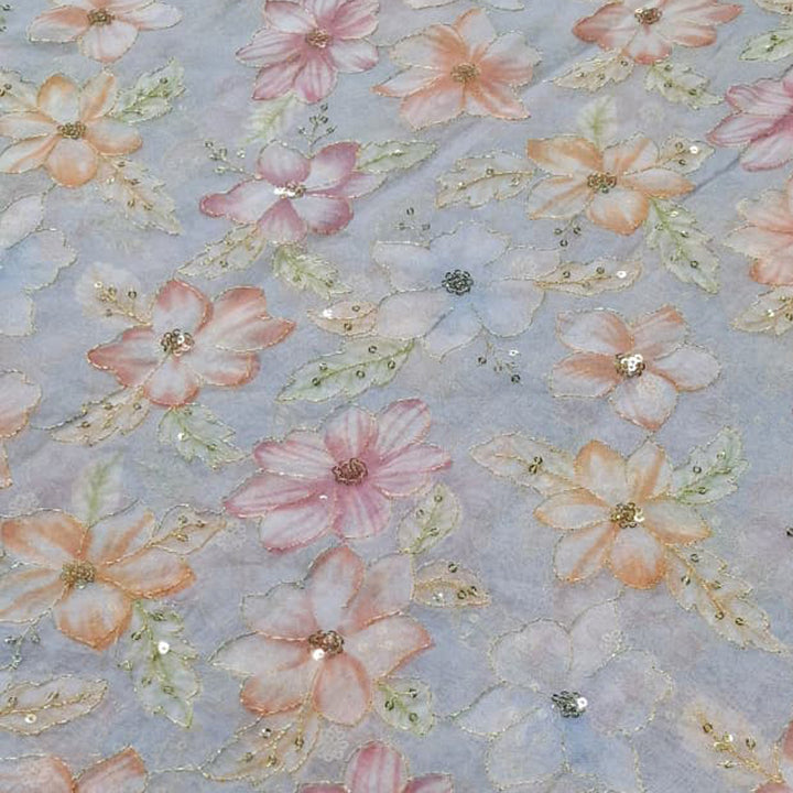 Pearl Grey Organza Embroidered Fabric