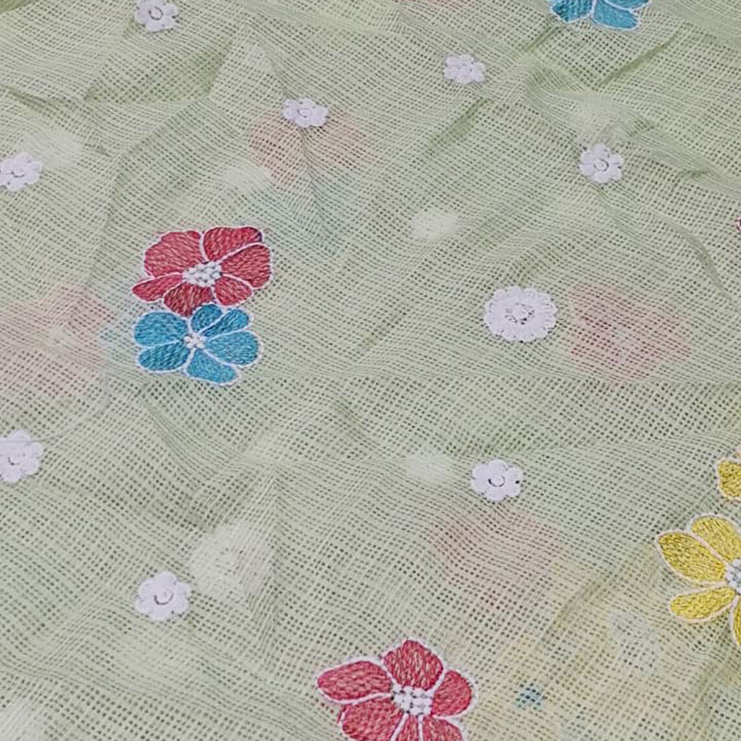 Kota Checks Embroidery Unstitched  Fabric |  Beautiful Flower Design | Perfect for Kurti, Gown, & Ethnic Wear (Pista)