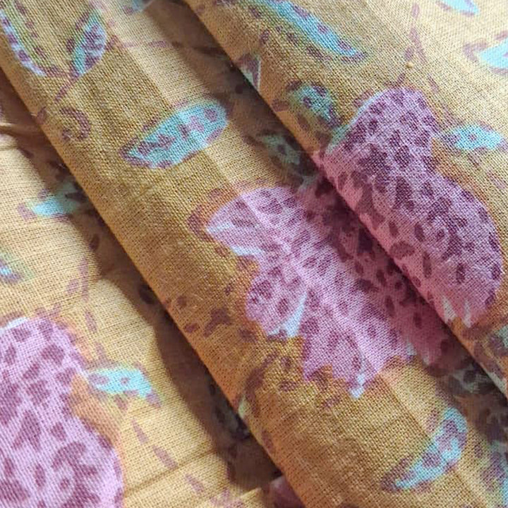 Mustard yellow with pink floral Printed Cotton Fabric