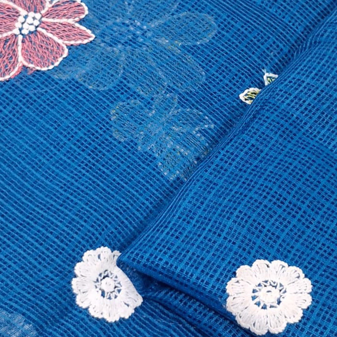 Kota Checks Embroidery Unstitched  Fabric |  Beautiful Flower Design | Perfect for Kurti, Gown, & Ethnic Wear (Peacock Blue)