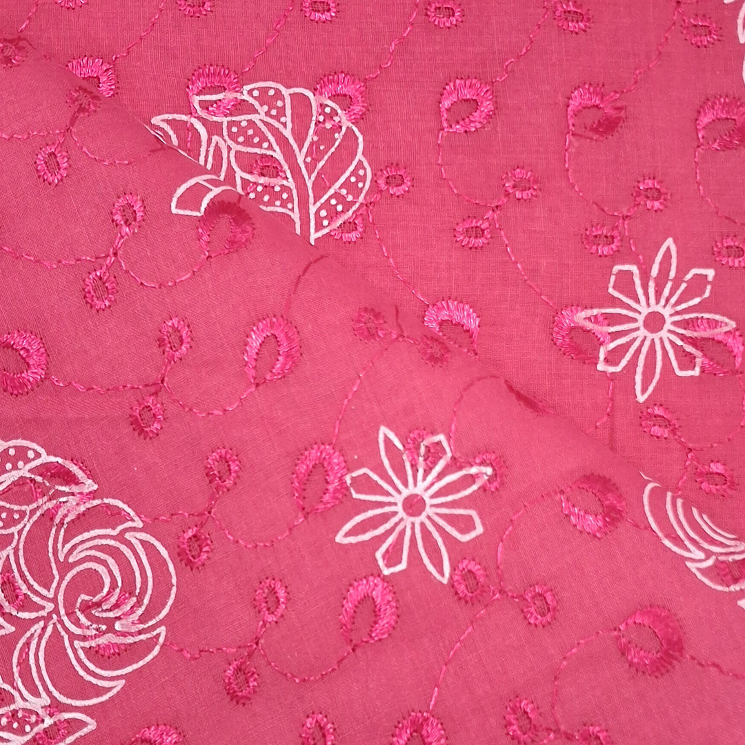 Cotton Chikan Fabric with White Leaf & Floral Embroidery | Available in 3 Elegant Colors | Ideal for Ethnic Wear