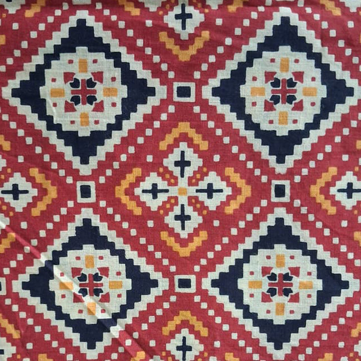 Red With Multicolor Printed Cotton Fabric