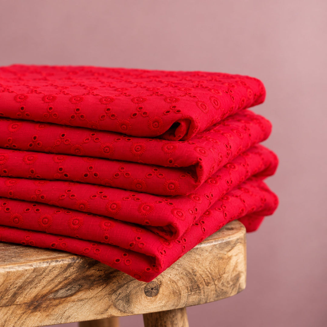 Red Heavy Hakoba Fabric | Embroidered Cotton for Kurtis, Dresses & Blouses