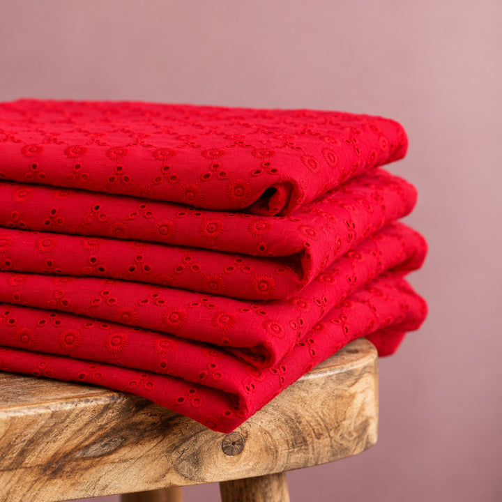 Red Heavy Hakoba Fabric | Embroidered Cotton for Kurtis, Dresses & Blouses