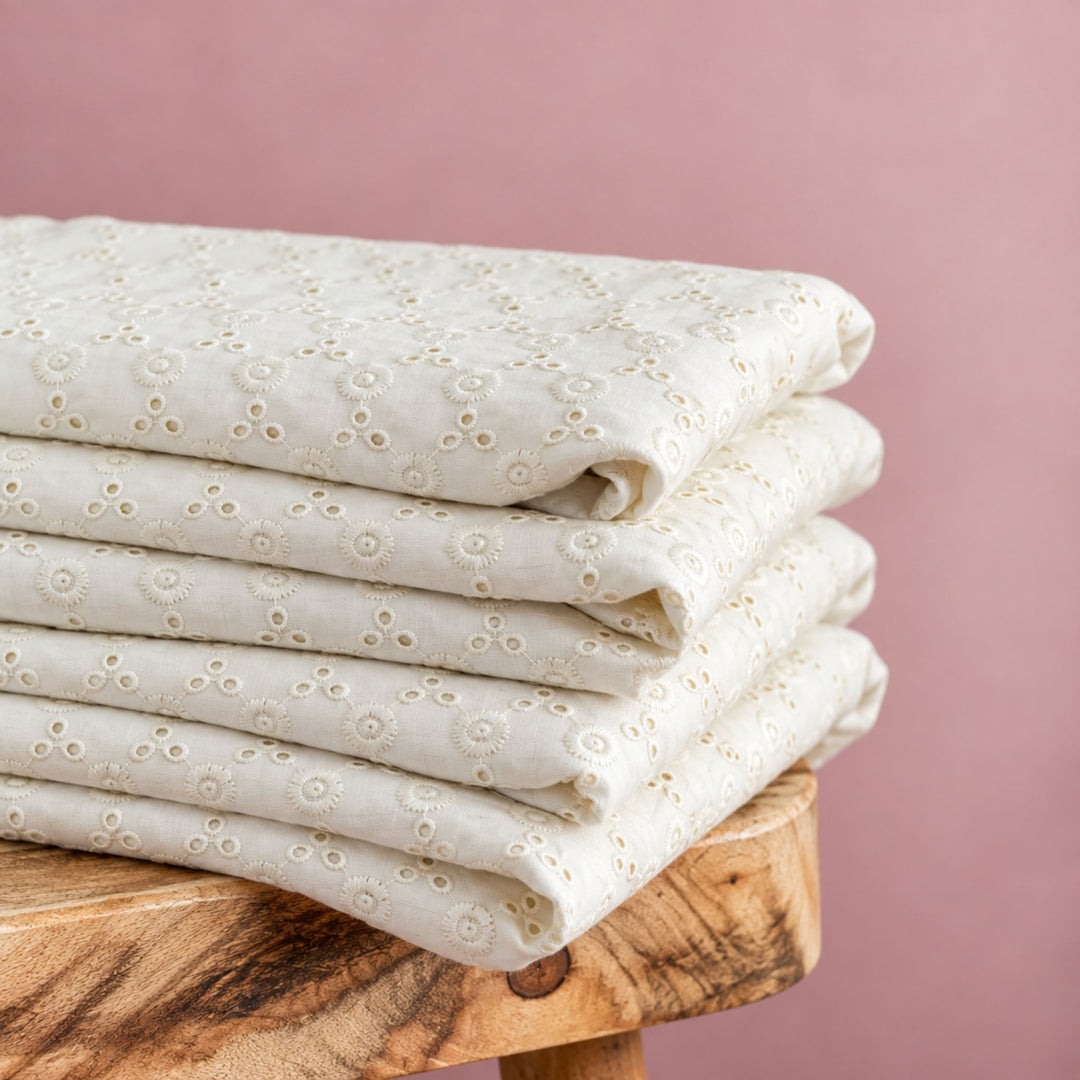 Cream Hakoba Fabric | Embroidered Cotton for Kurtis, Dresses & Blouses