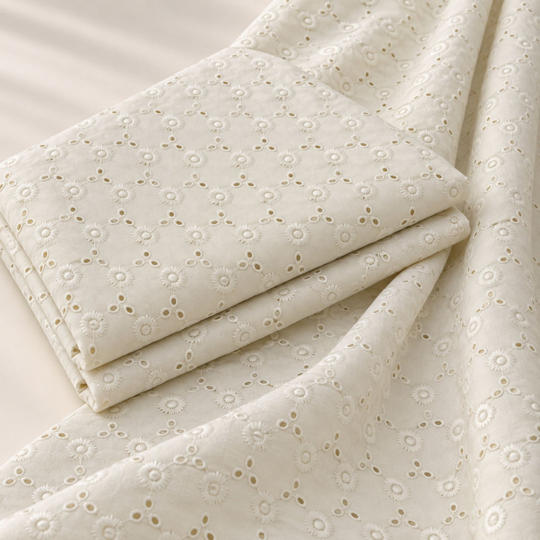 Cream Hakoba Fabric | Embroidered Cotton for Kurtis, Dresses & Blouses