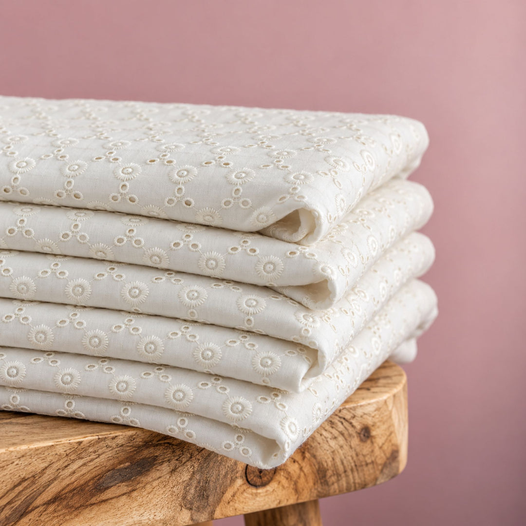 White Hakoba Fabric | Embroidered Cotton for Kurtis, Dresses & Blouses