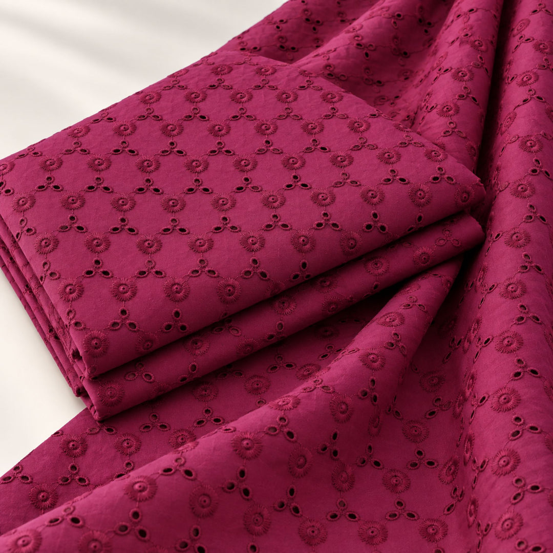 Wine Hakoba Fabric | Embroidered Cotton for Kurtis, Dresses & Blouses