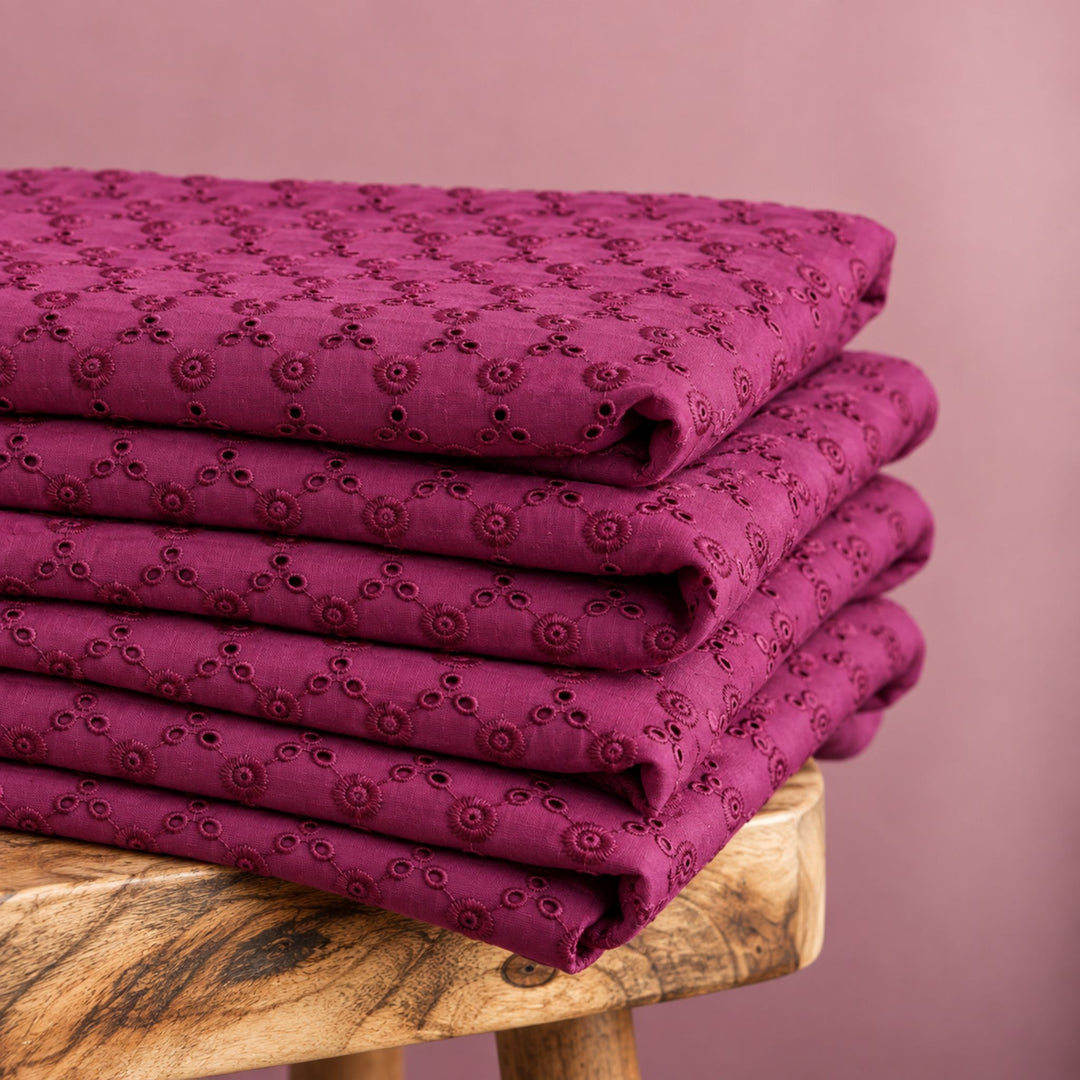 Wine Hakoba Fabric | Embroidered Cotton for Kurtis, Dresses & Blouses