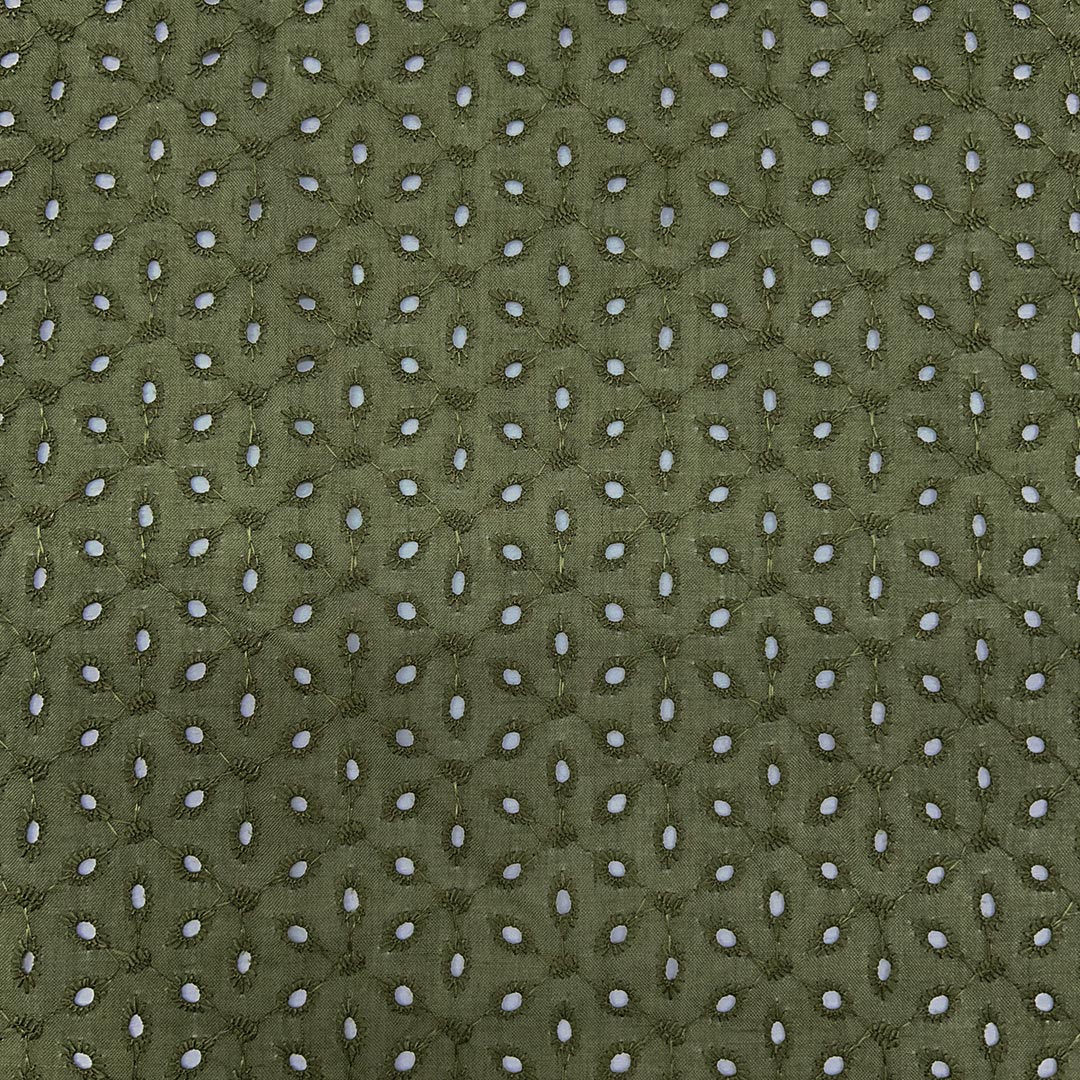 Elegant olive green Hakoba cotton fabric with sophisticated embroidery, ideal for crafting trendy and breathable outfits at Fabrics @StudioLCX.