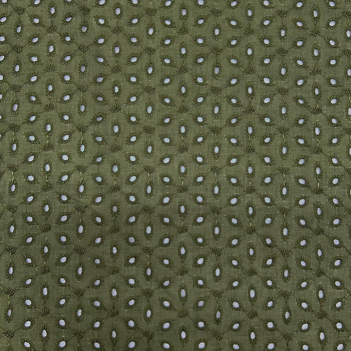 Elegant olive green Hakoba cotton fabric with sophisticated embroidery, ideal for crafting trendy and breathable outfits at Fabrics @StudioLCX.