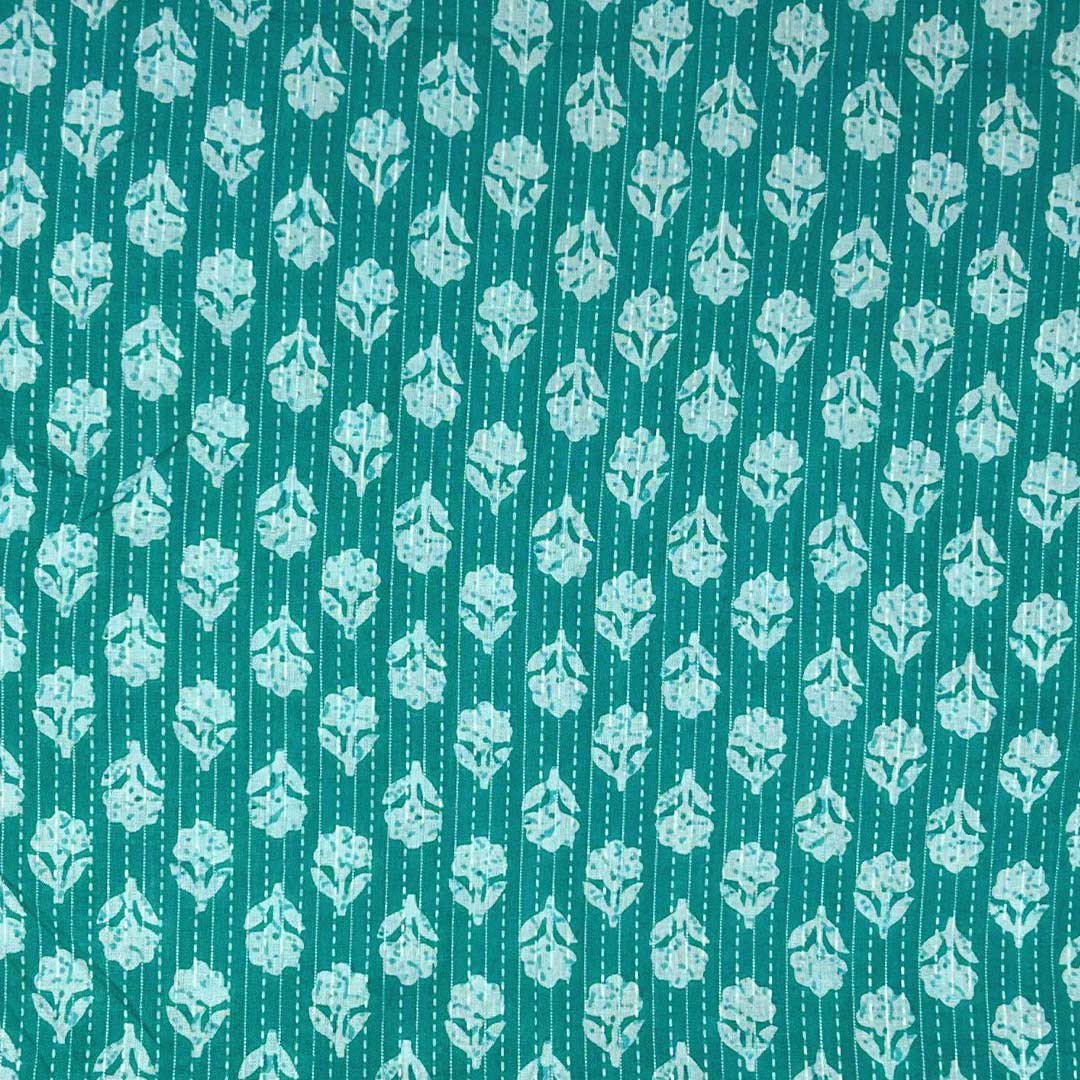 Sea Green Shade Floral Cotton Kantha Fabric