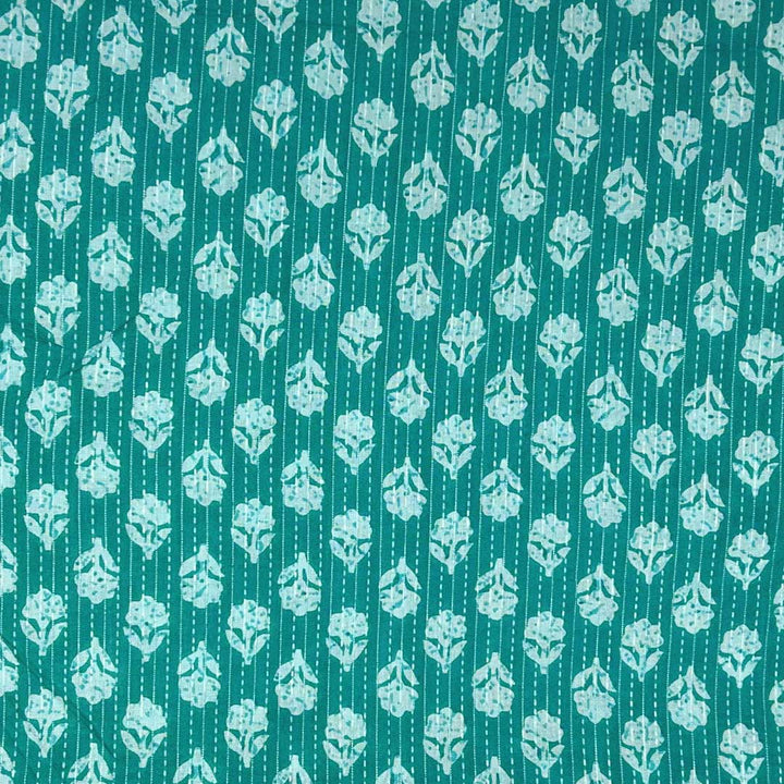 Sea Green Shade Floral Cotton Kantha Fabric