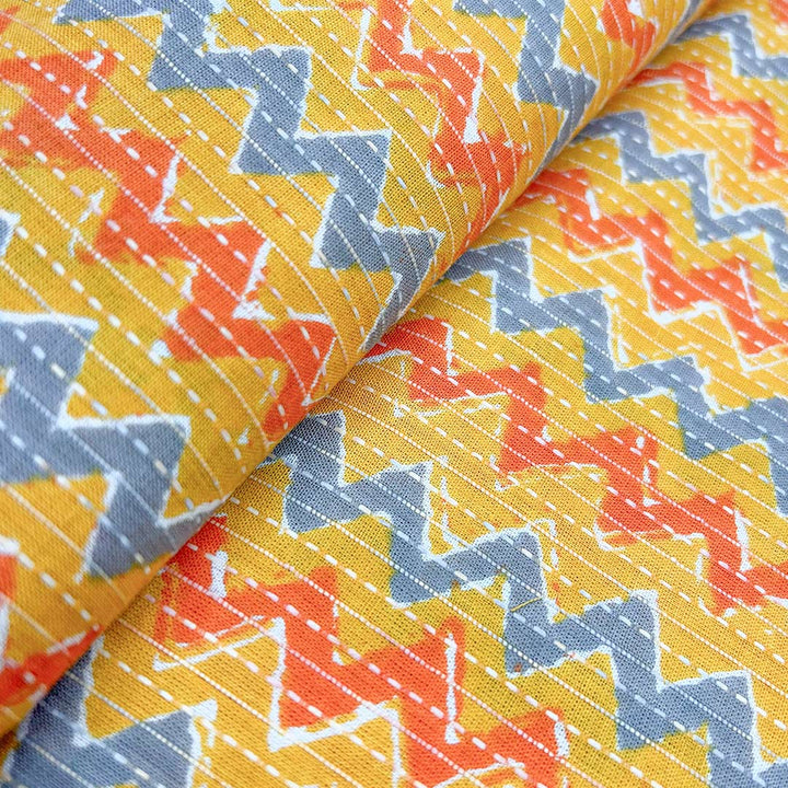 Yellow With Blue Shade Floral Cotton Kantha Fabric