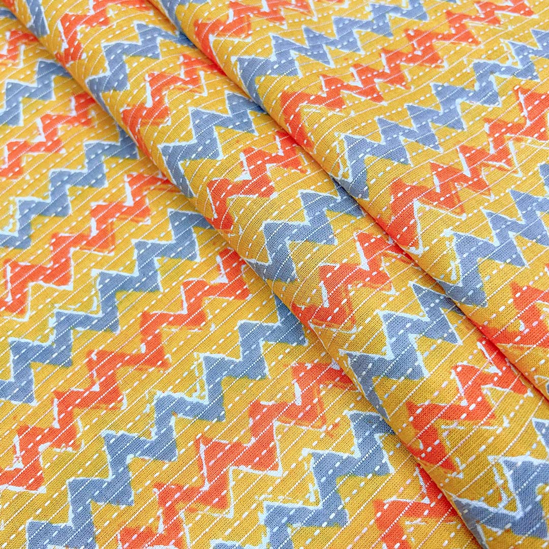 Yellow With Blue Shade Floral Cotton Kantha Fabric