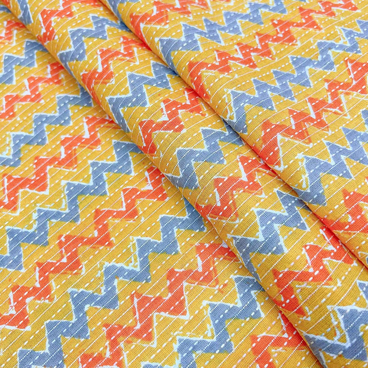 Yellow With Blue Shade Floral Cotton Kantha Fabric
