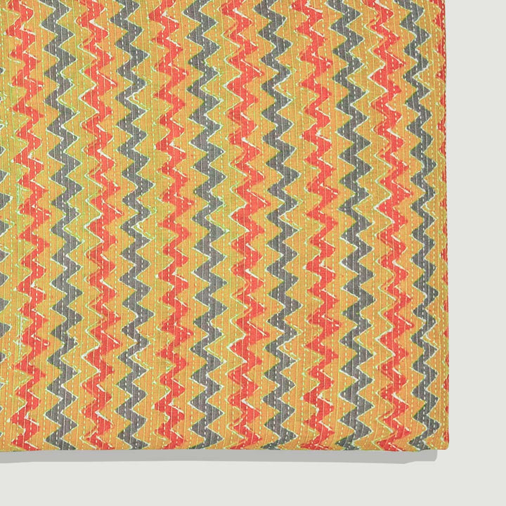 Yellow With Blue Shade Floral Cotton Kantha Fabric
