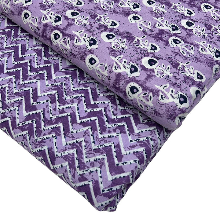 Purple Shades Florals, Chevron Printed Cotton Fabric (1 Quantity = 0.5 Mtr Top + 0.5 Mtr Bottom)