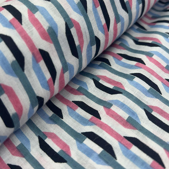 Blue With Pink Shades Abstracts Printed Cotton Fabric