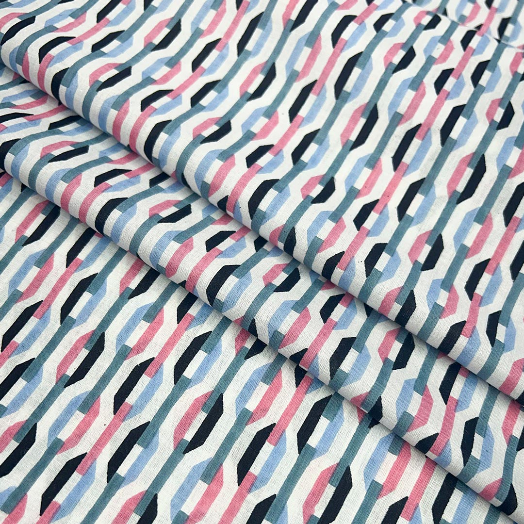 Blue With Pink Shades Abstracts Printed Cotton Fabric