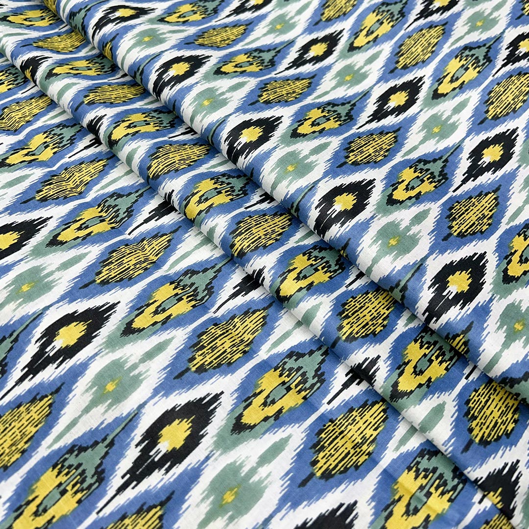 Blue With Yellow Abstracts Printed Cotton Fabric (1 Quantity = 0.5 Mtr Top + 0.5 Mtr Bottom)