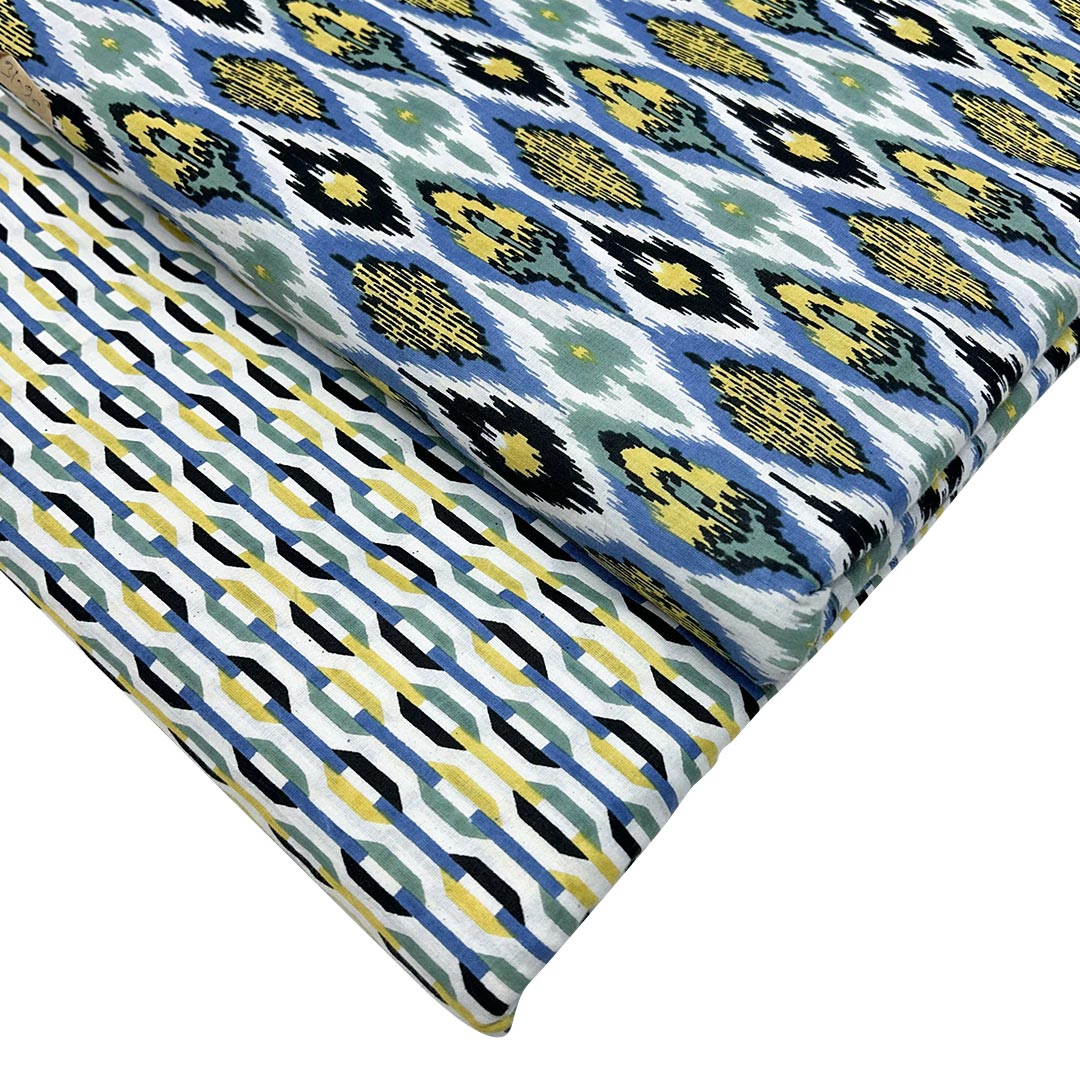 Blue With Yellow Abstracts Printed Cotton Fabric (1 Quantity = 0.5 Mtr Top + 0.5 Mtr Bottom)