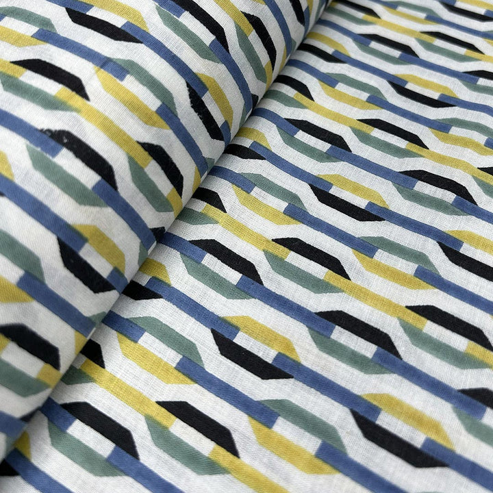 Blue With Yellow Shades Abstracts Printed Cotton Fabric