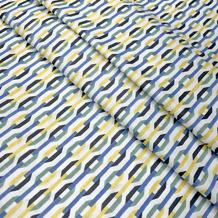Blue With Yellow Shades Abstracts Printed Cotton Fabric