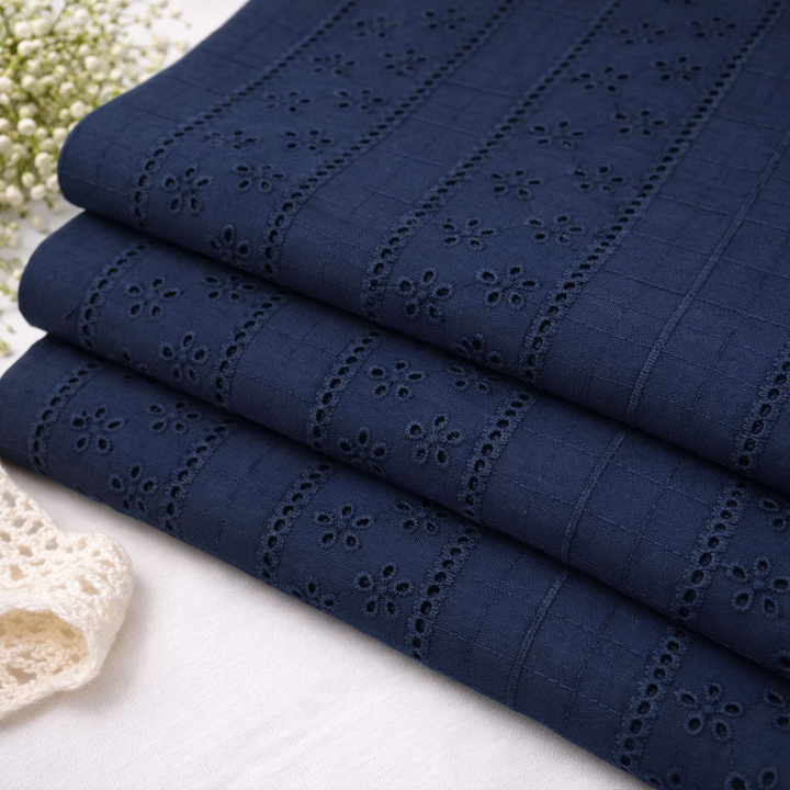 Navy Blue Shade Embroidered Cotton Heavy Hakoba Fabric