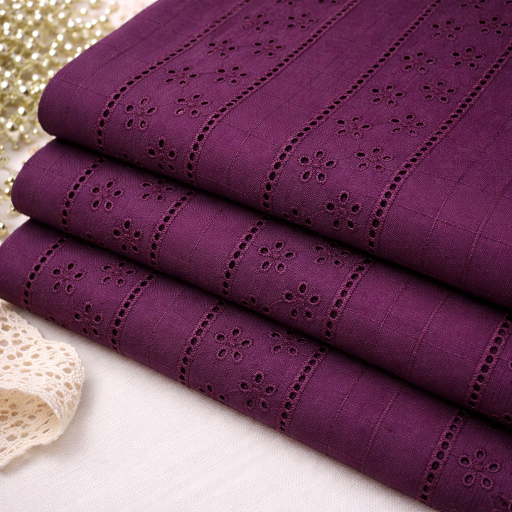 Wine Shade Embroidered Cotton Heavy Hakoba Fabric