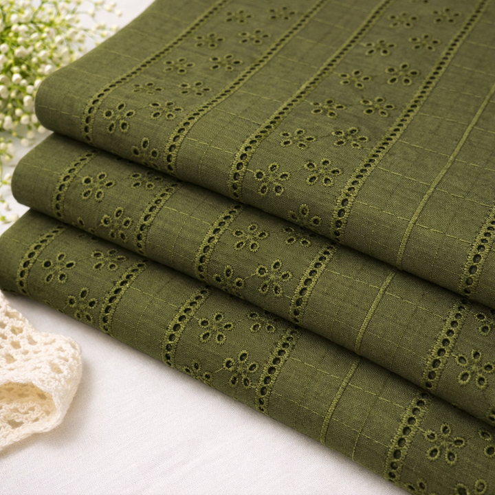 Olive Green Shade Embroidered Cotton Heavy Hakoba Fabric