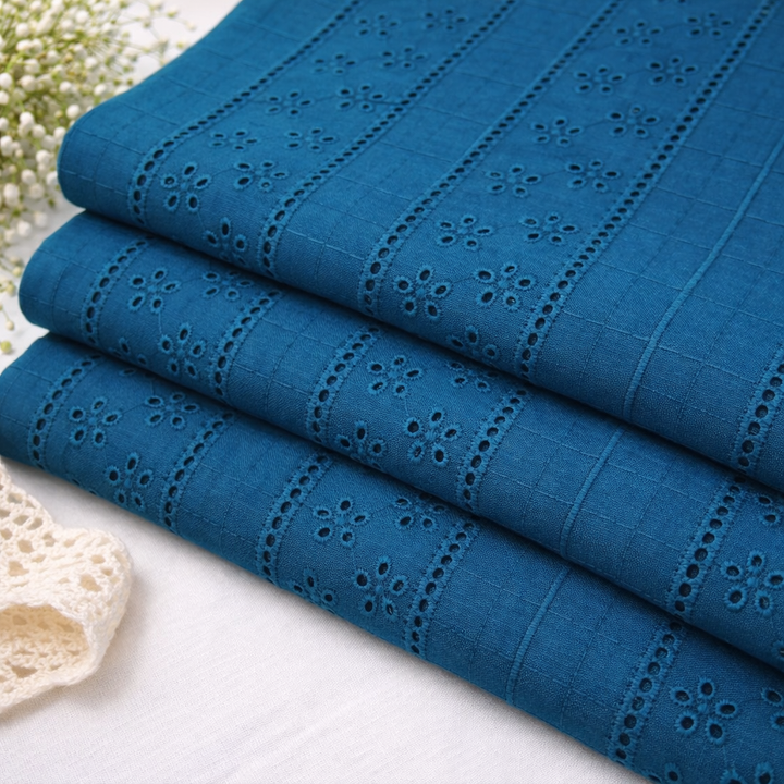 Peacock Blue Embroidered Cotton Heavy Hakoba Fabric