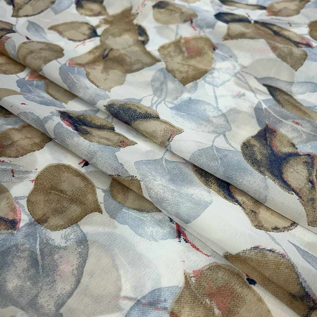 Light Blue With Brown, Leaf Printed Georgette Fabric
