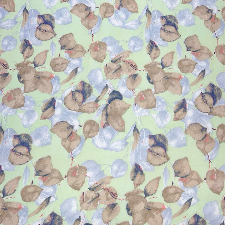 Light Green With Brown Leaf Printed Georgette Fabric