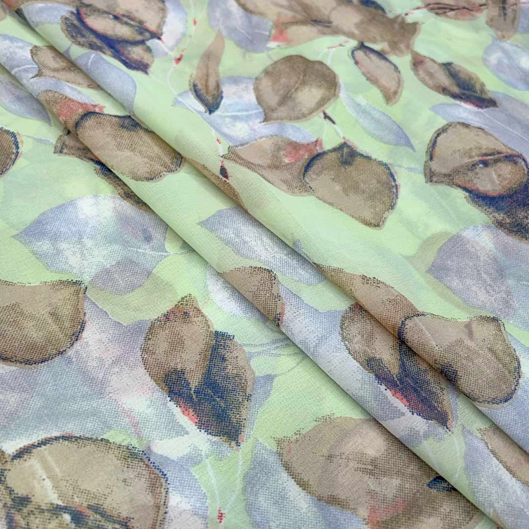 Light Green With Brown Leaf Printed Georgette Fabric