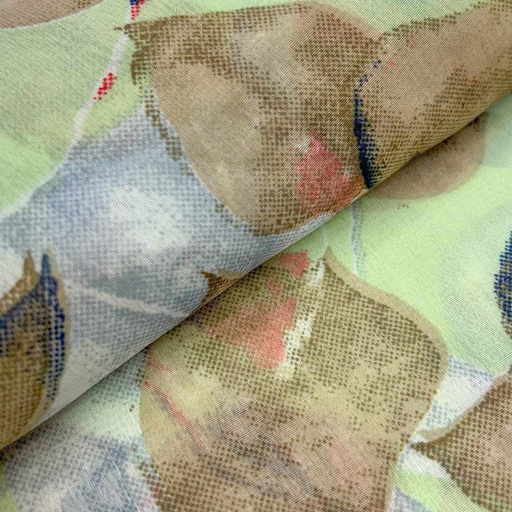 Light Green With Brown Leaf Printed Georgette Fabric