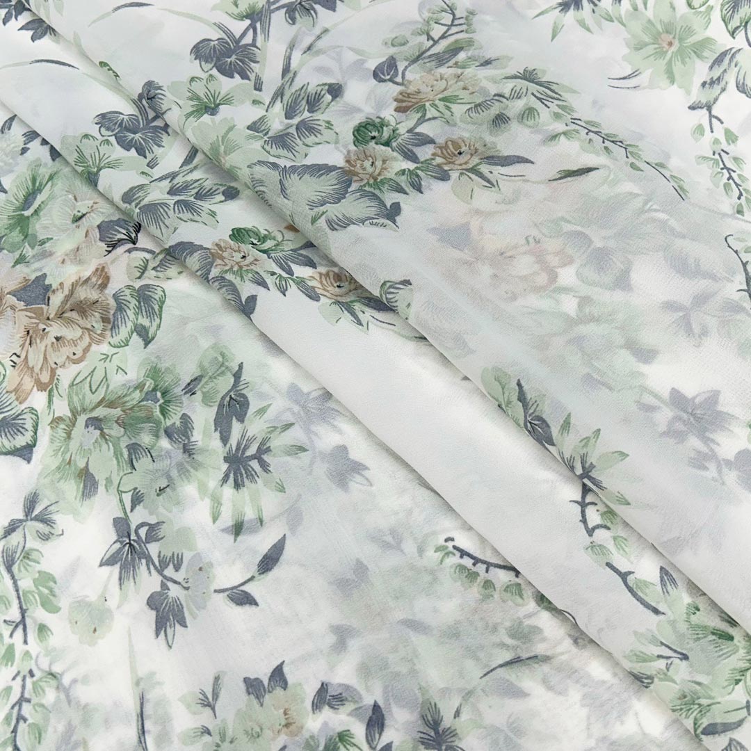 White With Pista Green Floral Printed Georgette Fabric