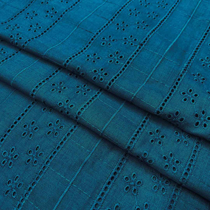 Peacock Blue Embroidered Cotton Heavy Hakoba Fabric