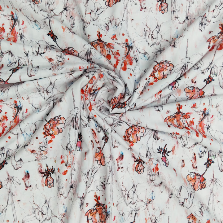 White With Red Shade Florals Printed Lycra Fabric