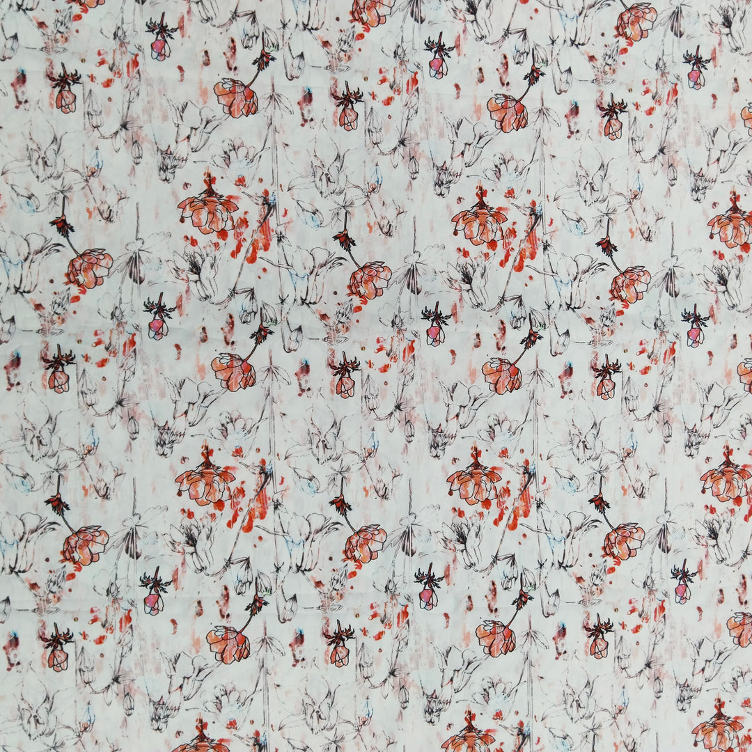 White With Red Shade Florals Printed Lycra Fabric