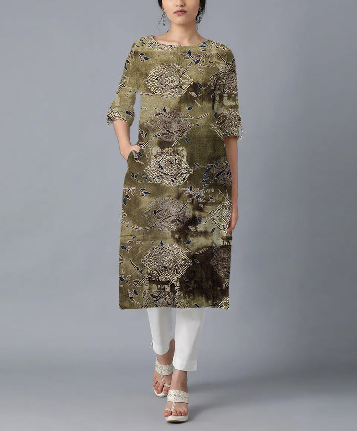 Green & Golden Floral Printed Muslin Fabric