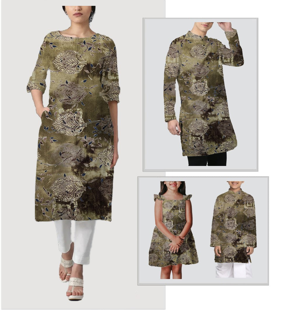 Refined olive green muslin fabric with vintage floral prints and blue accents