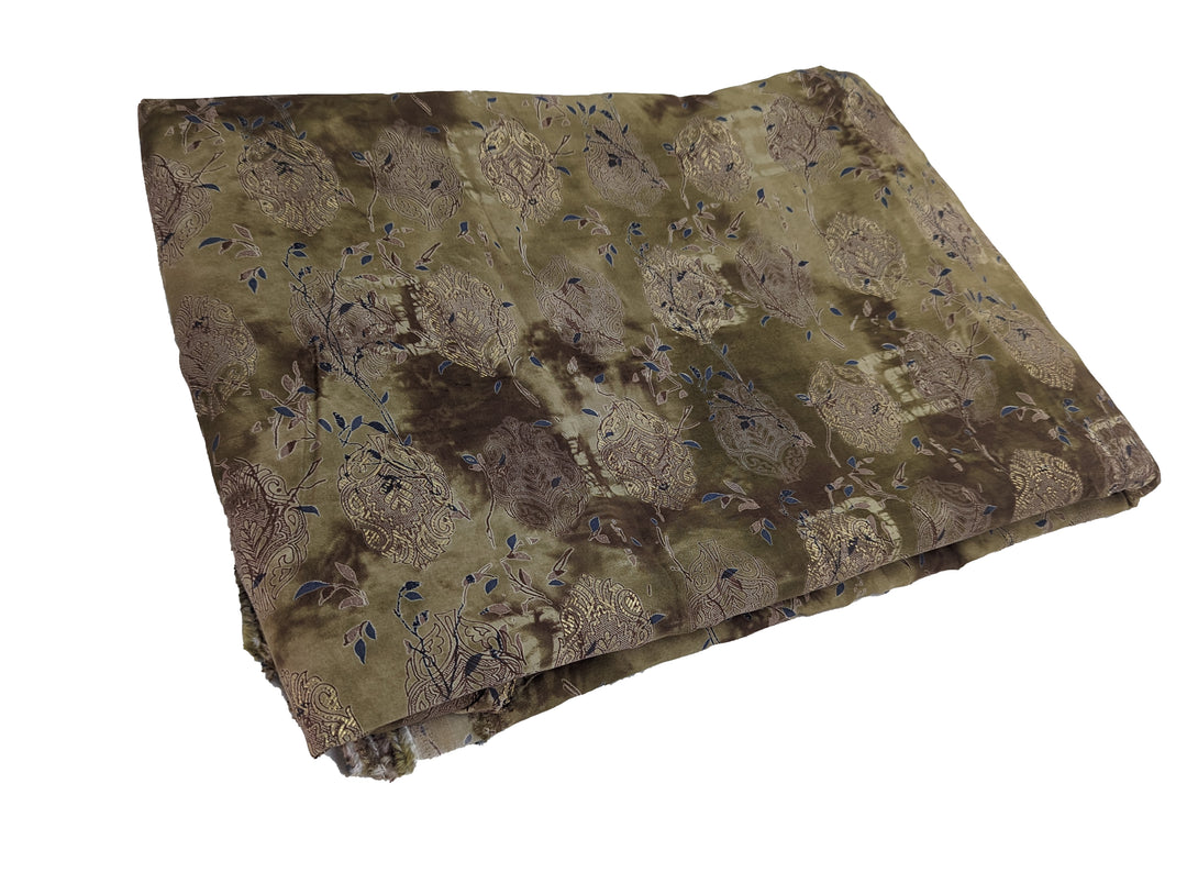 Refined olive green muslin fabric with vintage floral prints and blue accents