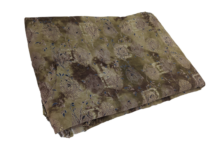 Refined olive green muslin fabric with vintage floral prints and blue accents