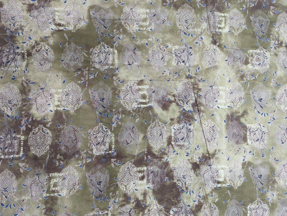 Refined olive green muslin fabric with vintage floral prints and blue accents